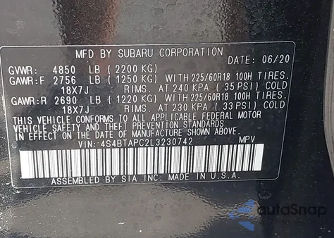 2020 Subaru Outback Touring from USA, damaged, VIN 4S4BTAPC2L3230742